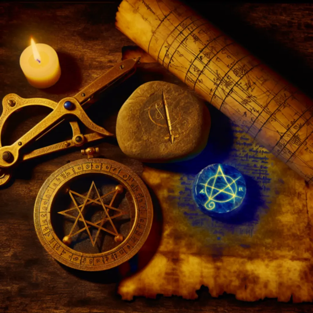 Zestaw artefaktów: kompas, kamień z runą i zwój z niebieskimi liniami