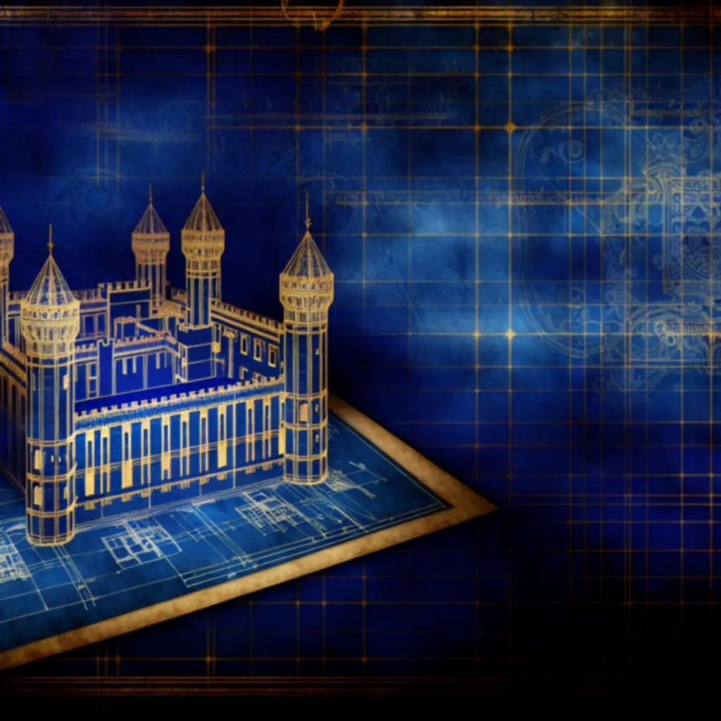 Stylizowany plan zamku na tle niebieskiej siatki kreślarskiej