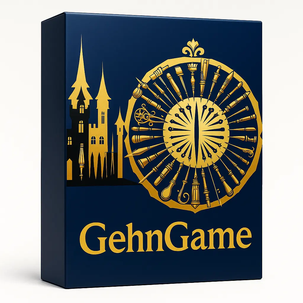 Heraldyczny emblemat CastleCraft na tle planu budowli