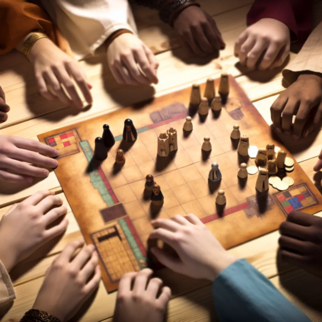 Ujęcie stołu turniejowego z rozłożonym planem zamku i pionkami