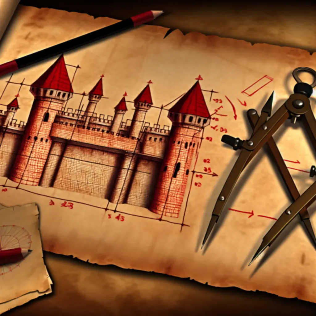 Szkic zamku na pergaminie z naniesionymi poprawkami