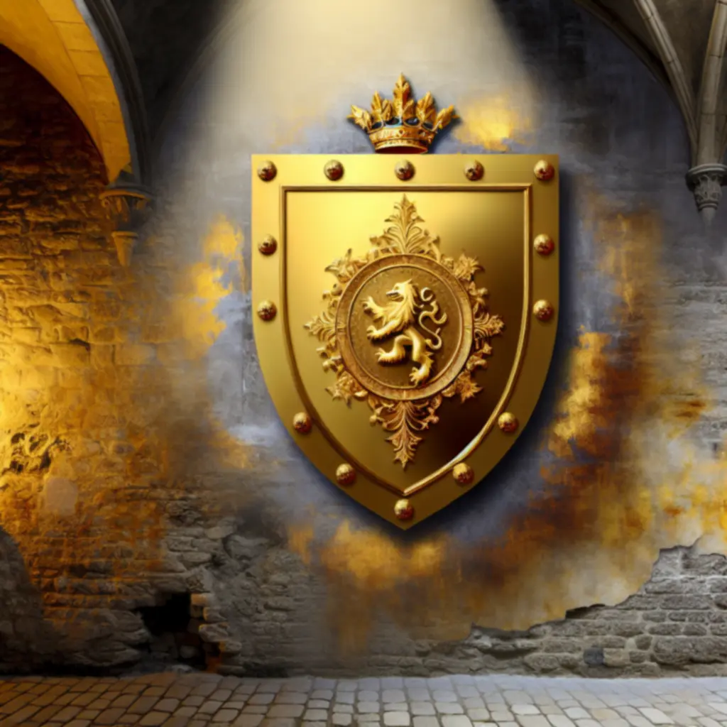 Ilustracja karty przedstawiająca złoty herb na tle kamiennych murów