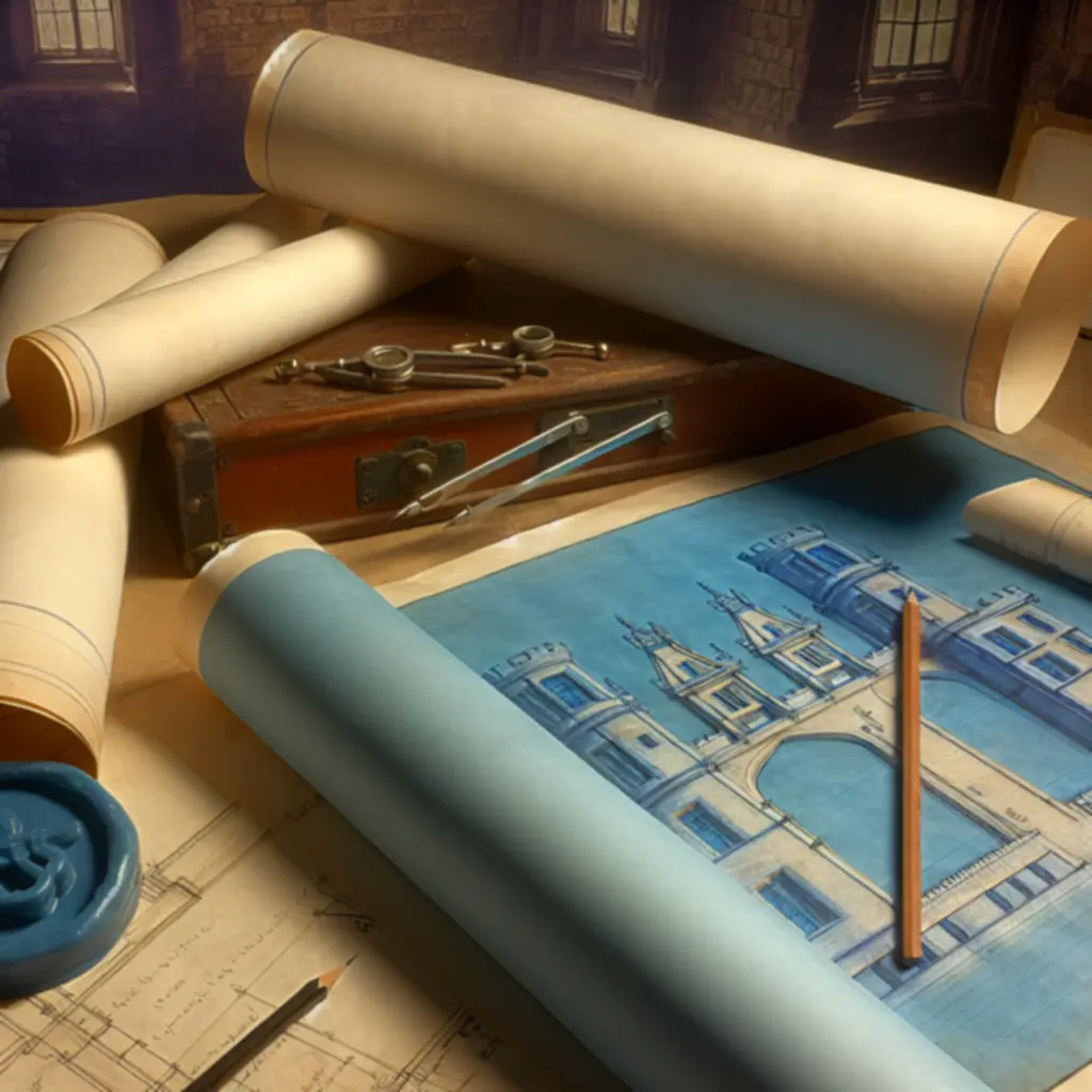 Zbliżenie na niebieskie plany architektoniczne zamku