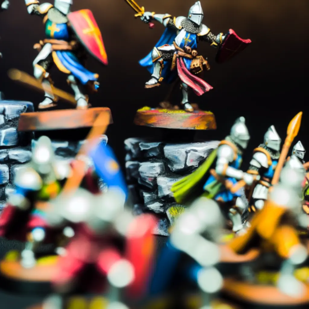 Pomalowane figurki rycerzy stojące na kamiennej podstawce