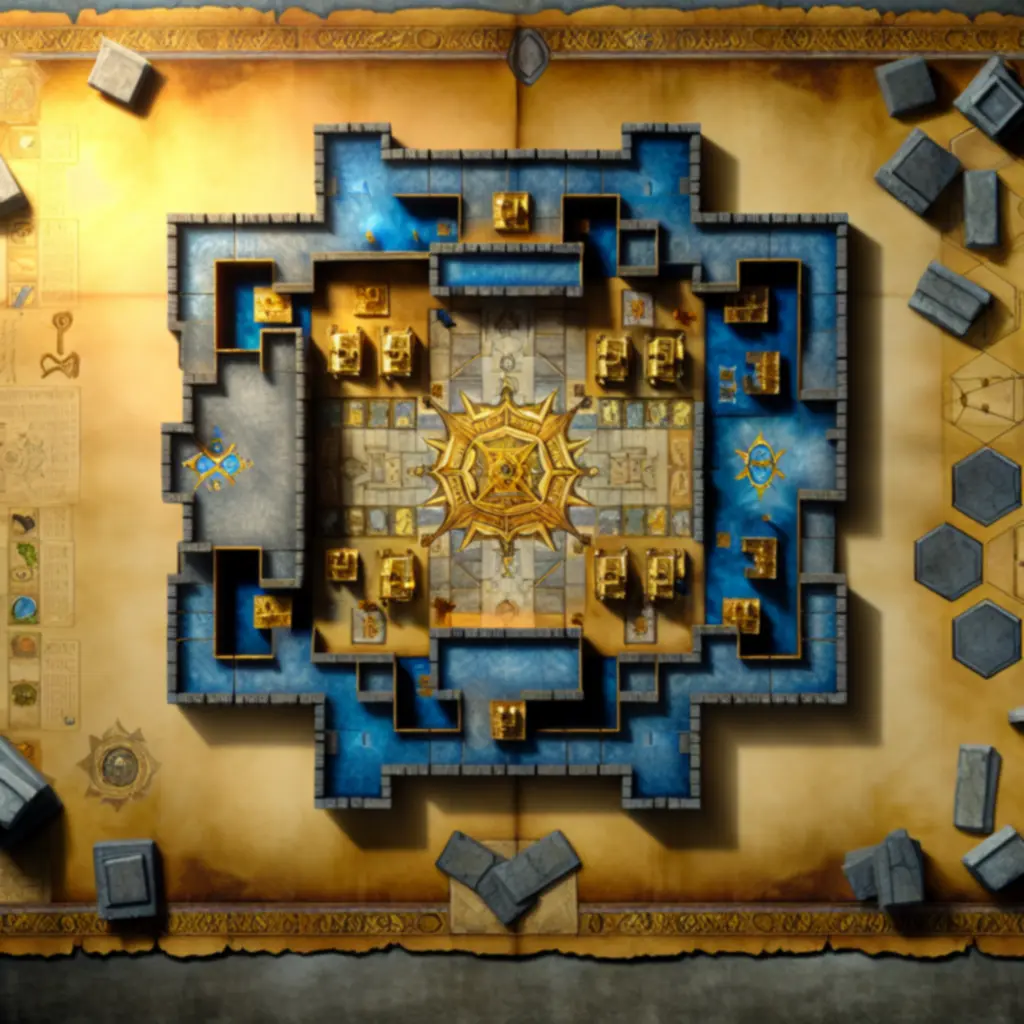 Plansza gry z planem zamku i złotymi akcentami, symbol społeczności budowniczych