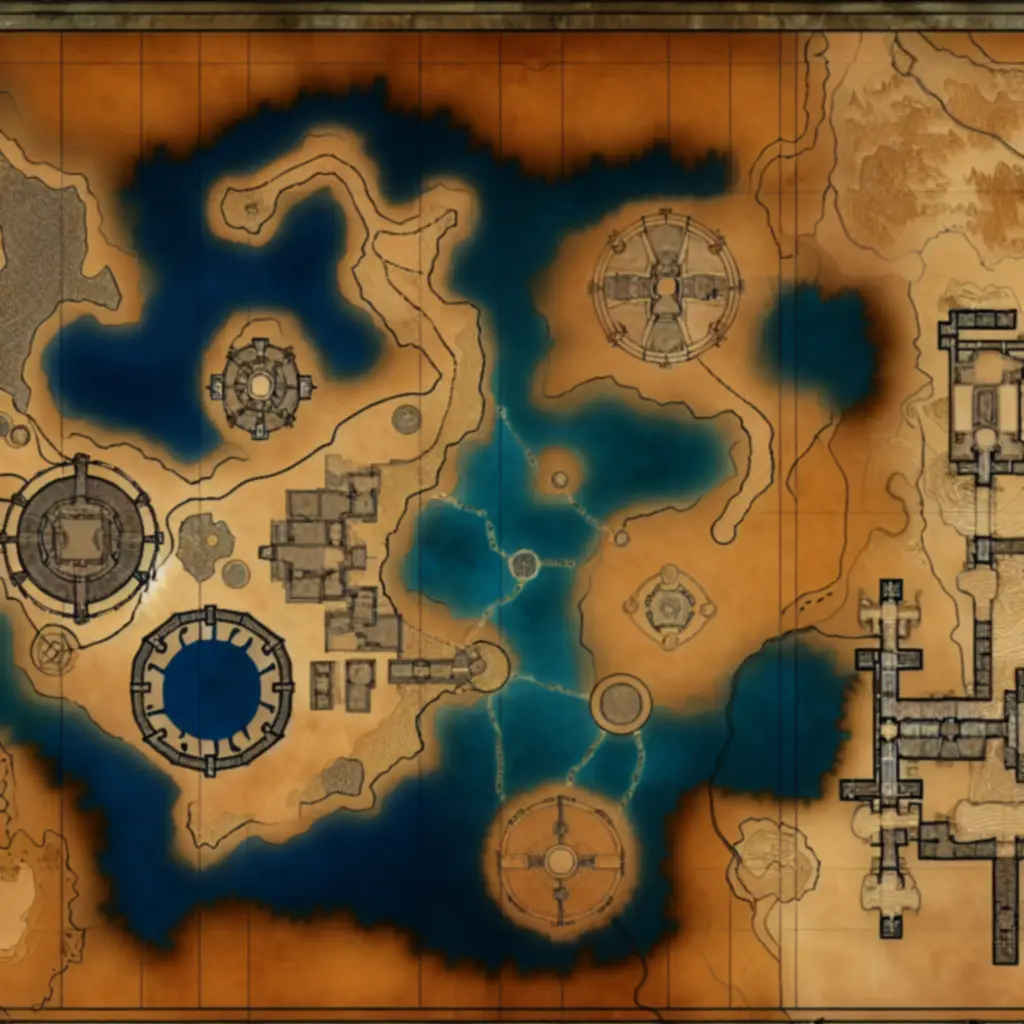 Ilustrowana mapa Lore z oznaczonymi twierdzami i liniami jak na planie architektonicznym