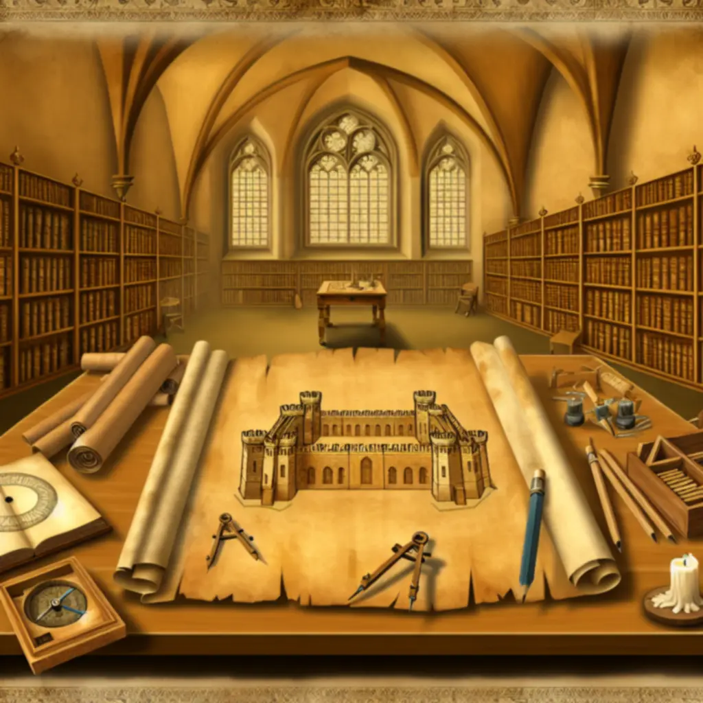 Parchmentowy plan zamku i narzędzia budowniczego symbolizujące bibliotekę zasobów
