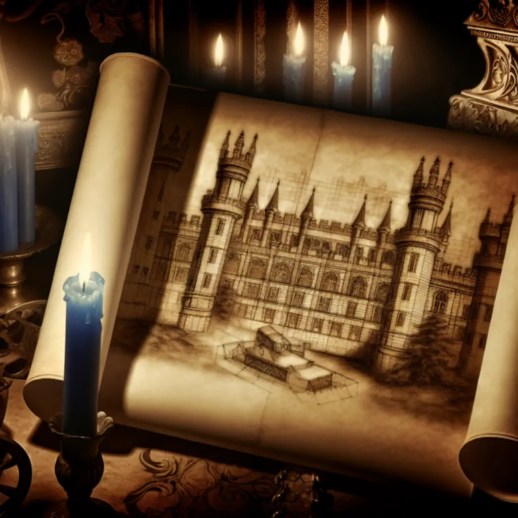 Parchmentowe tło i szkice zamkowych murów symbolizujące dziedzictwo