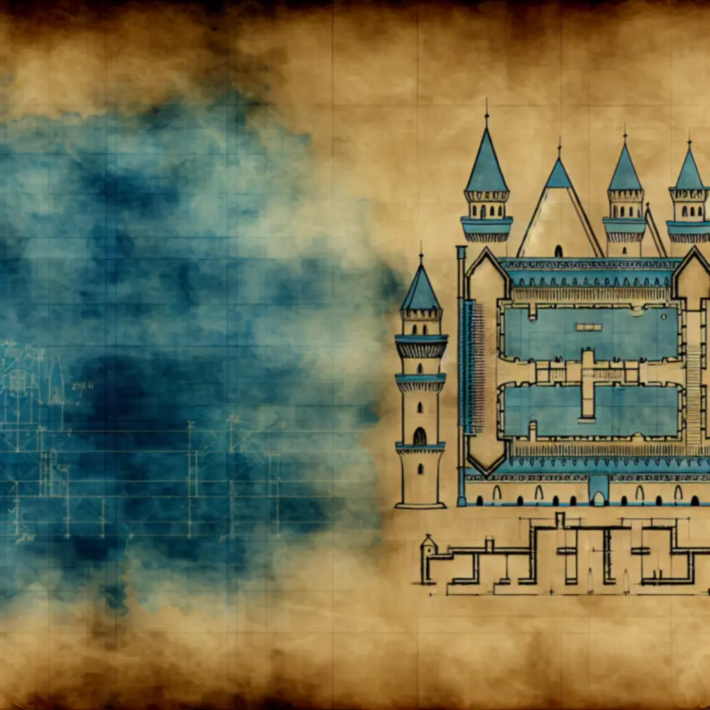 Płachta z planami zamku w stylu średniowiecznego blueprintu