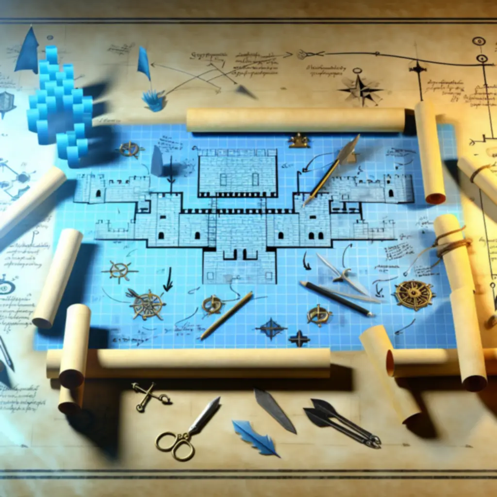 Schemat strategiczny na tle średniowiecznego planu zamku