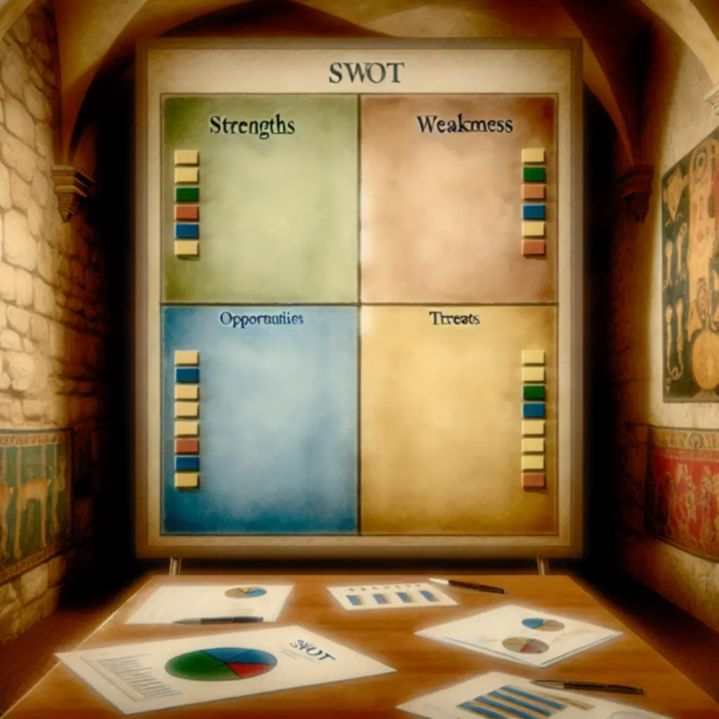 Tablica SWOT z notatkami dotyczącymi mocnych i słabych stron, szans i zagrożeń