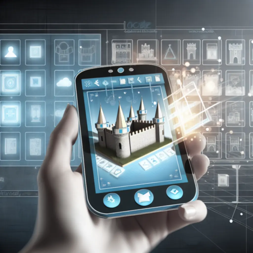 Ekran aplikacji mobilnej z planem zamku i kartami