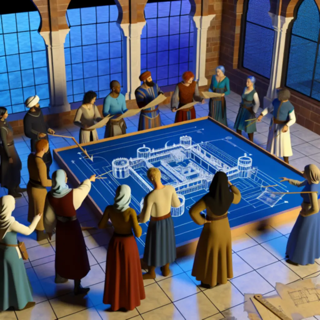 Uczestnicy warsztatów analizują plan zamku na siatce kreślarskiej