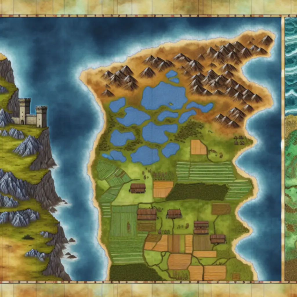 Mapa krain Lore z zaznaczonymi regionami: Korona Północy, Żyzne Doliny i Rubieże